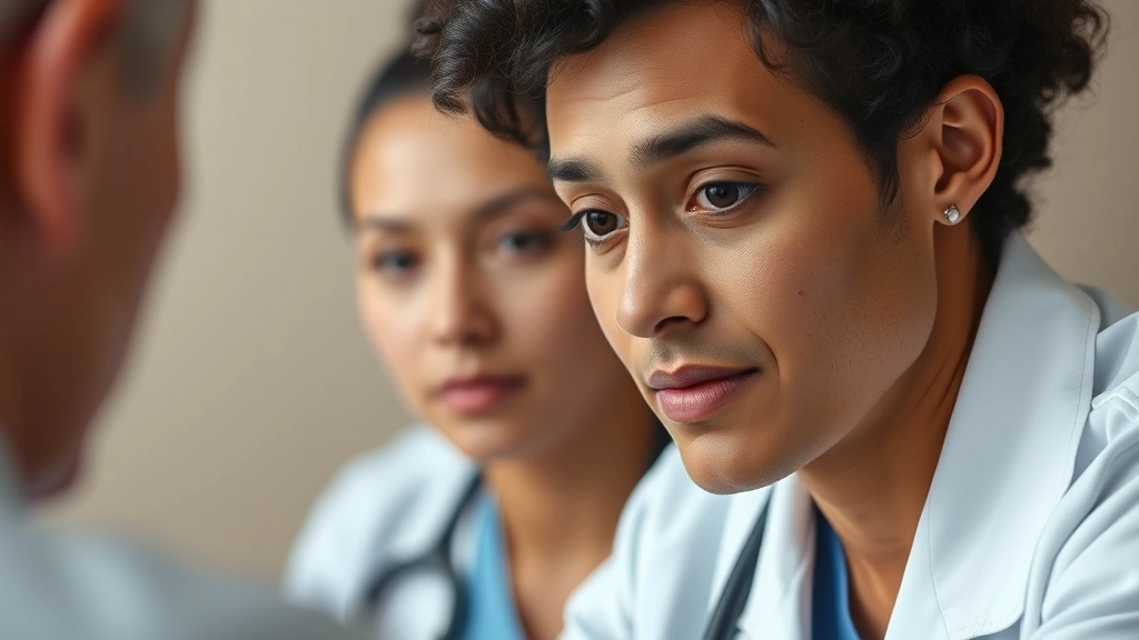 Close-up of a compassionate healthcare provider listening intently during a consultation session, warm neutral background, genuine therapeutic presence captured in expression