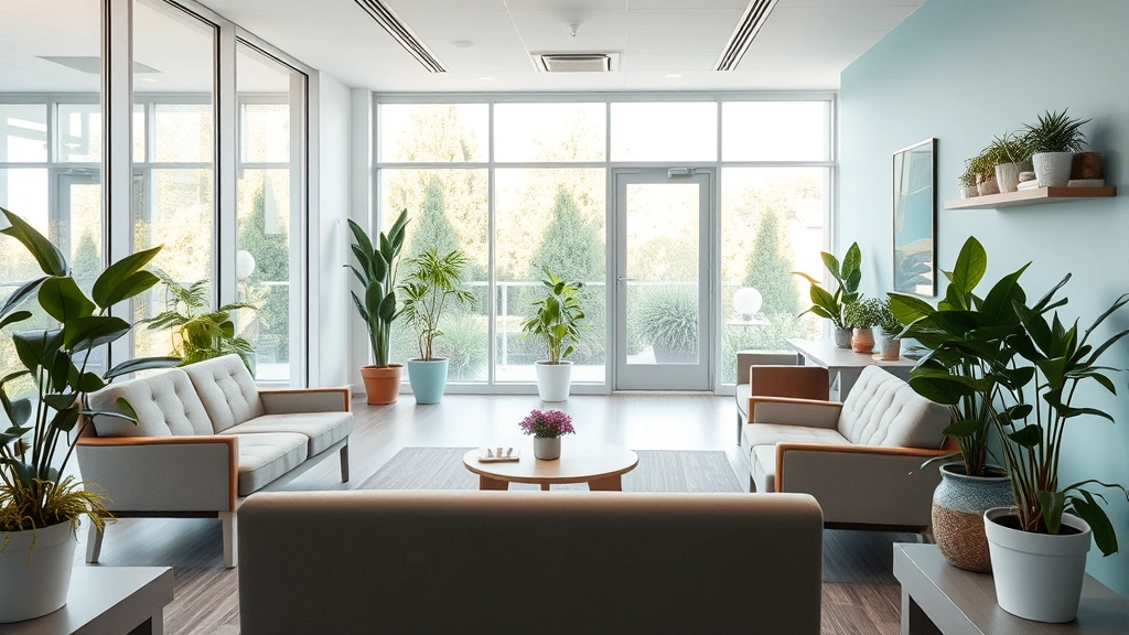 Modern mental health facility interior with comfortable waiting area, calming colors, plants, natural light, professional but welcoming atmosphere without visible people
