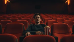 A solitary figure sitting in a modern cinema theater, warm amber lighting illuminating the empty seats around them, popcorn container on armrest, contemplative expression, cinematic atmosphere