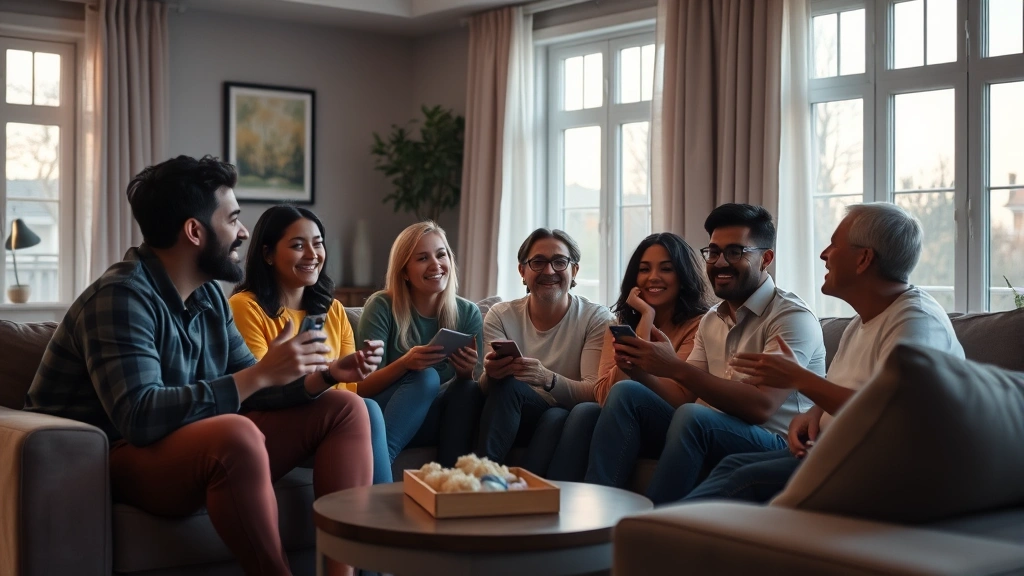 A diverse group of people in a living room watching a film together, natural evening light from large windows, comfortable furniture arrangement, genuine connection and engagement visible in body language