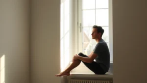 Serene person sitting by a window in morning light, looking peaceful and contemplative, natural soft lighting, minimalist interior space