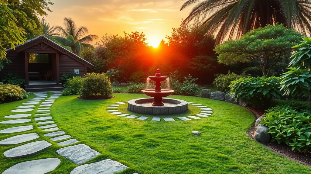 Serene meditation garden with stone pathways, lush greenery, and a peaceful water fountain at sunset, no people visible, natural tranquility