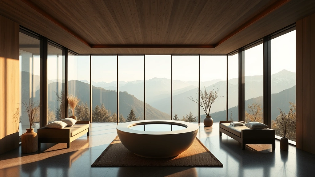 Luxurious spa-like room with floor-to-ceiling windows overlooking mountain landscape, comfortable seating, soft natural lighting, minimalist therapeutic design