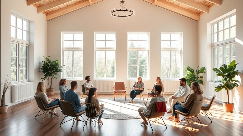 Group therapy circle in a bright, airy room with natural light streaming through large windows, comfortable seating arranged in circle formation, peaceful atmosphere
