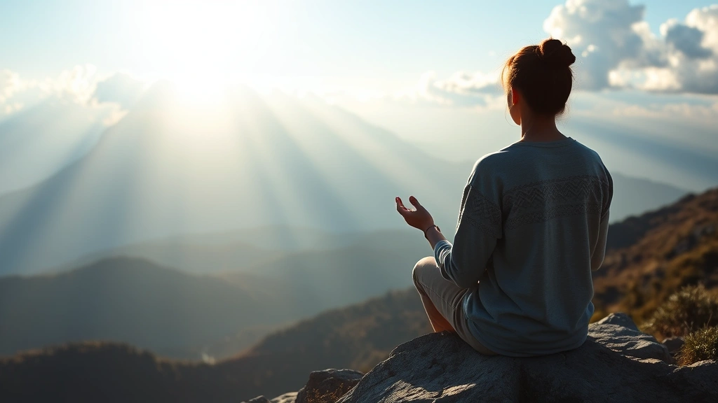 Serene person sitting peacefully on a mountain overlooking vast landscape at sunrise, hands open in contemplation, light rays breaking through clouds, photorealistic