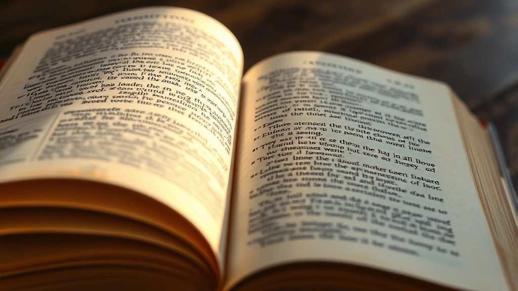 Close-up of open ancient book pages with soft natural light illuminating the text, weathered paper texture, warm golden tones, photorealistic