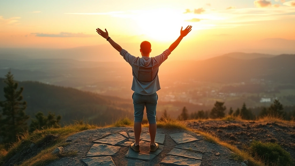 Person standing at crossroads with multiple paths ahead, arms raised in determination, golden hour lighting, expansive nature background, photorealistic