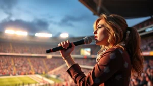Professional female vocalist performing at a massive stadium during daytime, microphone in hand, stadium lights and crowd visible, focused intense expression