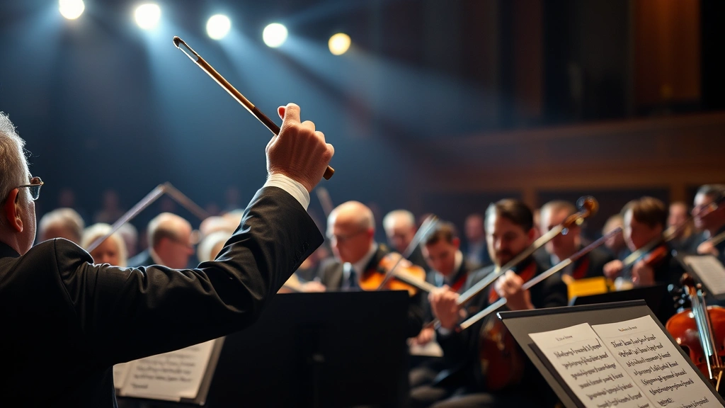 Close-up of orchestra musicians with instruments ready, conductor's baton raised, dramatic stage lighting, concentrated professional atmosphere