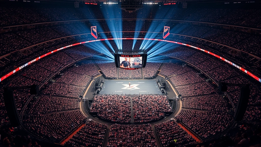 Aerial view of sold-out stadium filled with thousands of spectators, stage with bright lights in center, American flags visible throughout crowd
