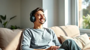 A person sitting on a comfortable couch wearing headphones with a peaceful expression, soft natural light streaming through a window, minimalist apartment setting with plants visible