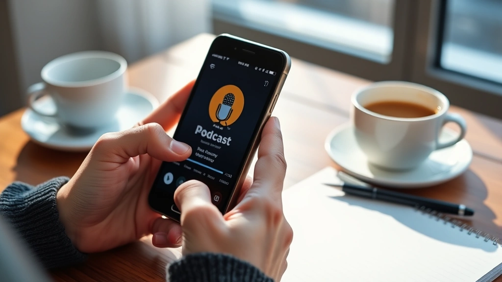 Close-up of hands holding a smartphone displaying a podcast app interface, warm coffee cup nearby, notebook and pen on a wooden desk, morning sunlight