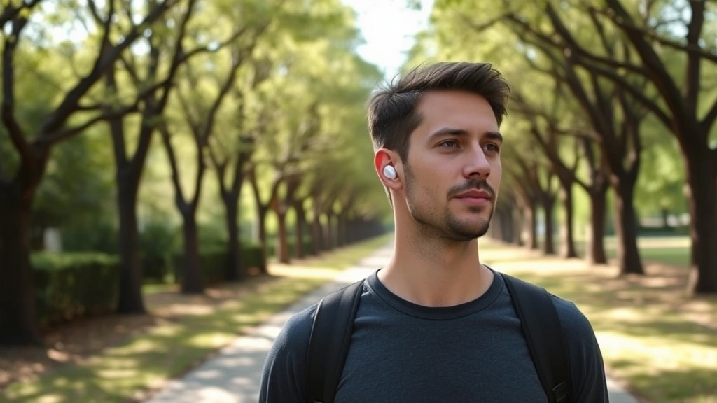 Someone walking outdoors on a tree-lined path, wearing wireless earbuds, calm natural environment with dappled sunlight, serene and contemplative mood, no text visible