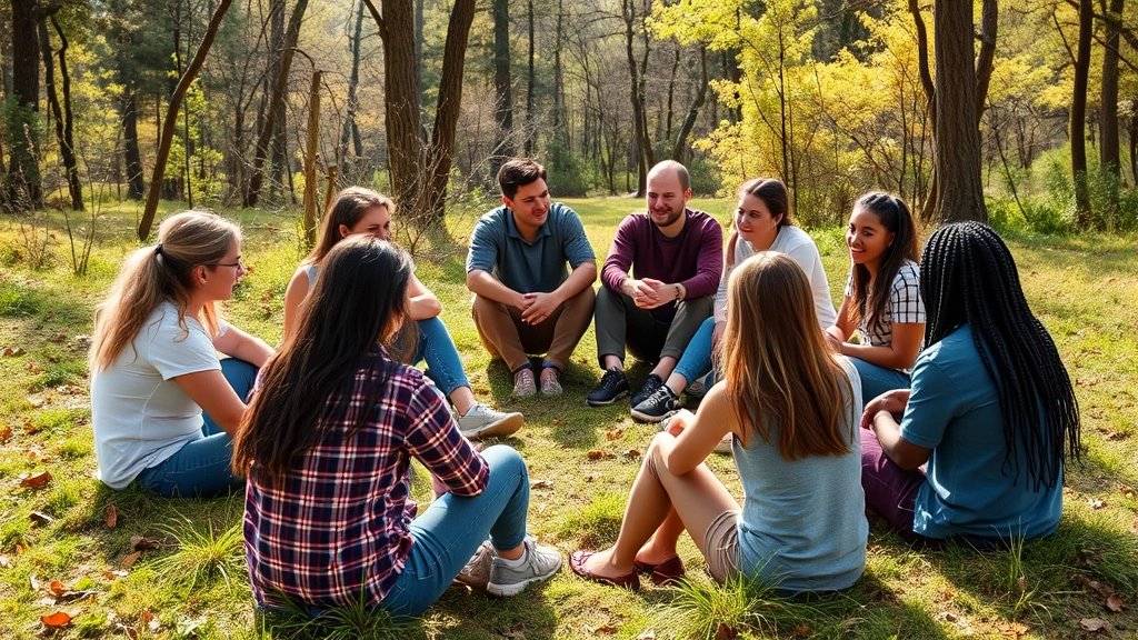 Group of diverse young adults sitting in circle during outdoor therapy session in nature setting, engaged and supportive atmosphere without any text visible