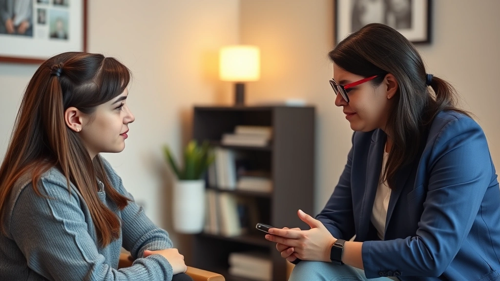 Young adult meeting with mental health professional in private office, both appearing focused and collaborative, warm lighting, professional but welcoming environment