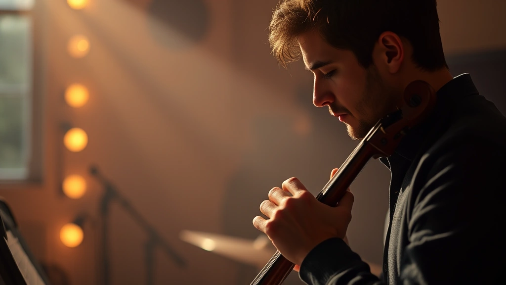 A focused musician in solitary concentration during rehearsal, hands positioned on instrument, soft warm lighting creating atmospheric depth, intimate studio setting