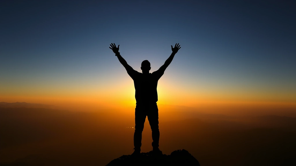 Silhouette of individual at peak of mountain at sunrise, arms raised in achievement, vast landscape below, golden light, triumphant posture
