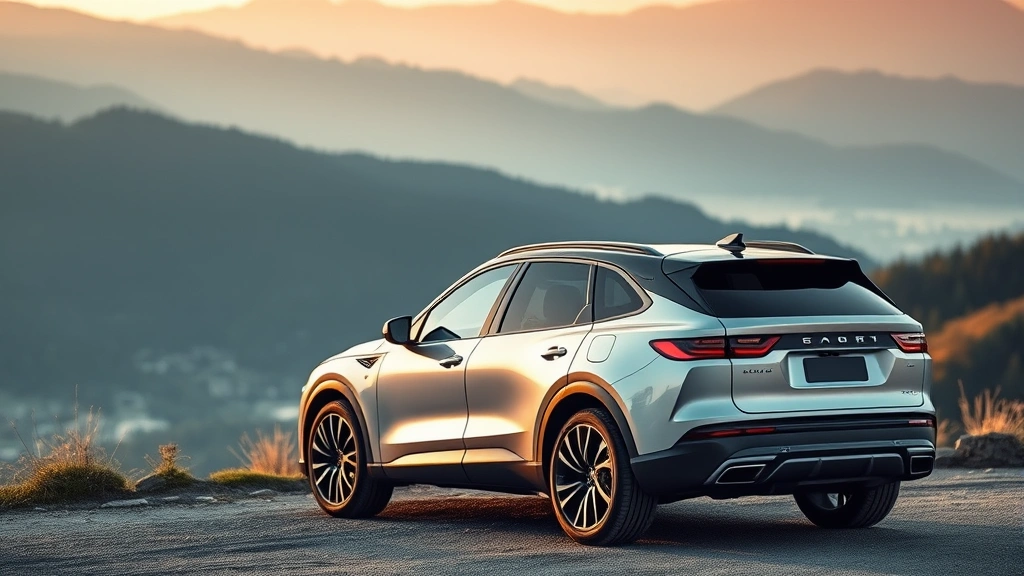 Modern luxury SUV parked on a scenic mountain overlook, sleek design catching golden hour sunlight, mountain landscape in soft focus background