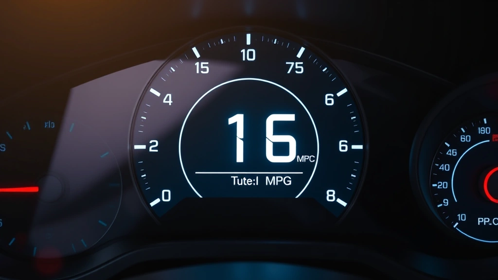 Fuel efficiency gauge dashboard display showing optimal MPG reading, close-up of modern digital instrument cluster, minimalist automotive technology