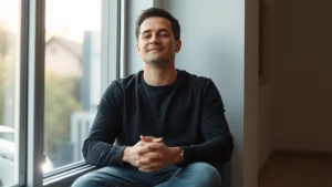 Person sitting peacefully by a window with soft natural light streaming in, hands resting gently, calm expression, serene indoor setting with minimal distractions