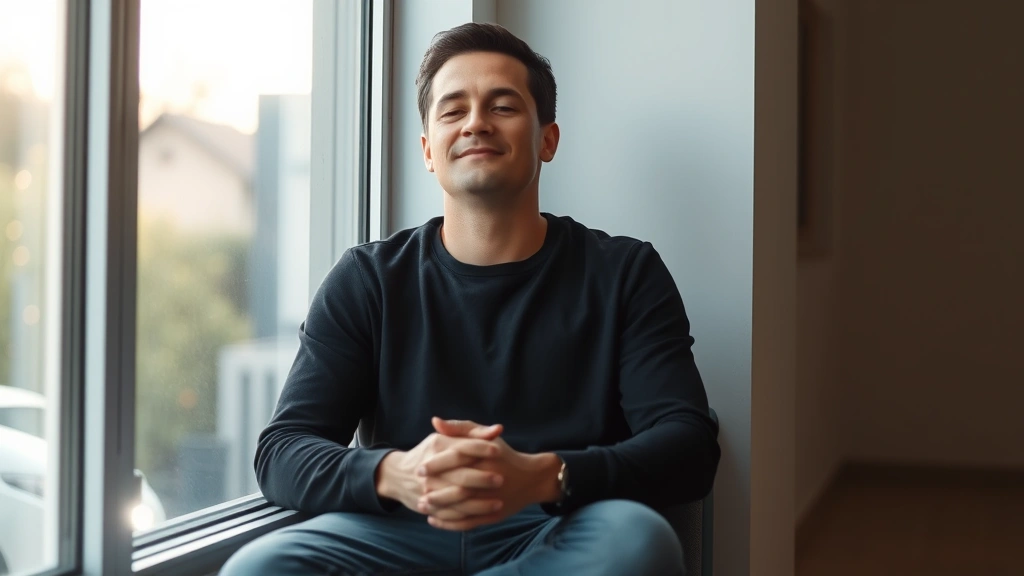 Person sitting peacefully by a window with soft natural light streaming in, hands resting gently, calm expression, serene indoor setting with minimal distractions