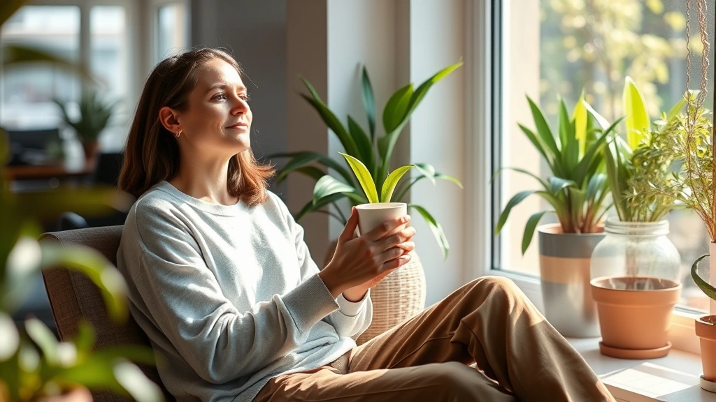 Person sitting peacefully by a window with natural light, looking calm and centered, holding a warm beverage, serene indoor environment with plants