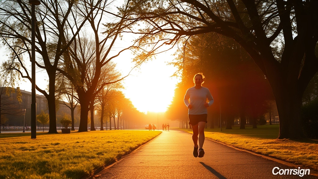 Someone jogging through a tree-lined park path during golden hour, athletic wear, natural surroundings, movement in progress, peaceful outdoor environment