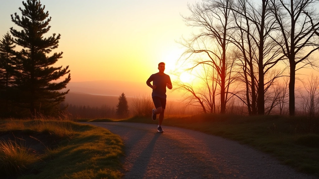 Individual jogging on a scenic trail at sunrise, surrounded by nature, with trees and morning light, showing movement and vitality