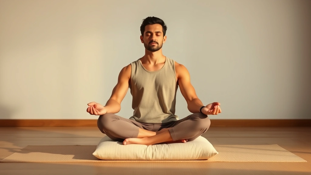 Individual sitting cross-legged in meditation posture on a cushion, hands in lap, soft indoor lighting, tranquil expression, minimalist peaceful space