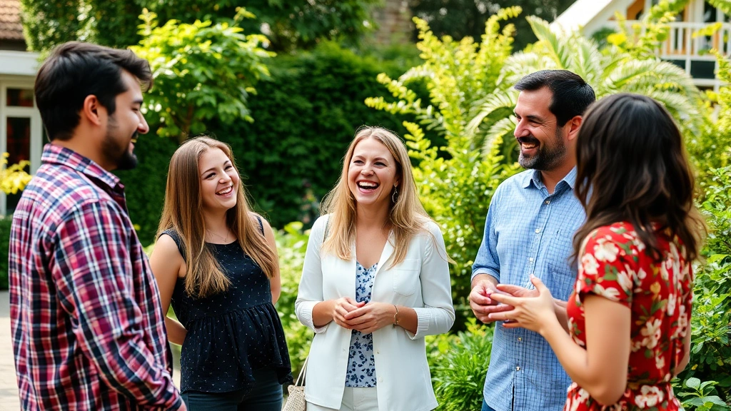 Group of people engaged in genuine conversation outdoors, laughing together in a garden setting, showing authentic connection and community