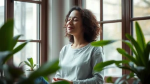 Person sitting peacefully by a window with natural light, hands resting gently, surrounded by plants, serene expression, calm indoor environment