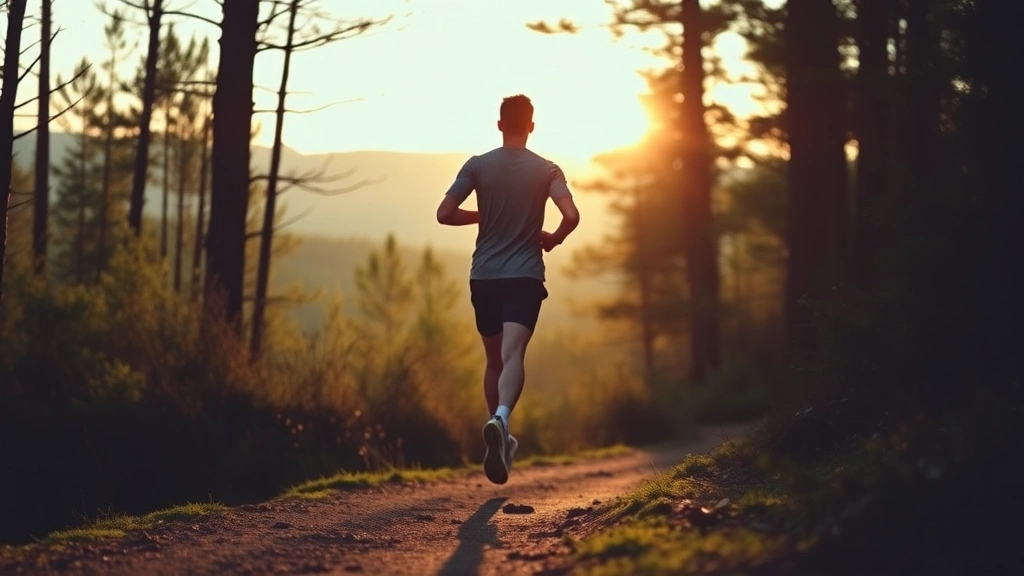 Individual jogging on a forest trail at sunrise, athletic posture, natural landscape background, morning light filtering through trees