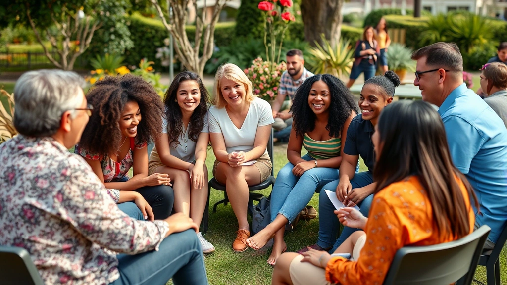 Group of diverse people sitting in a circle outdoors, engaged in conversation, genuine smiles, community garden or park setting, natural lighting