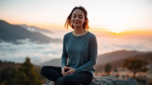 Person sitting peacefully on a mountain overlook at sunrise, hands resting gently on their lap, serene expression, natural lighting, misty valley below