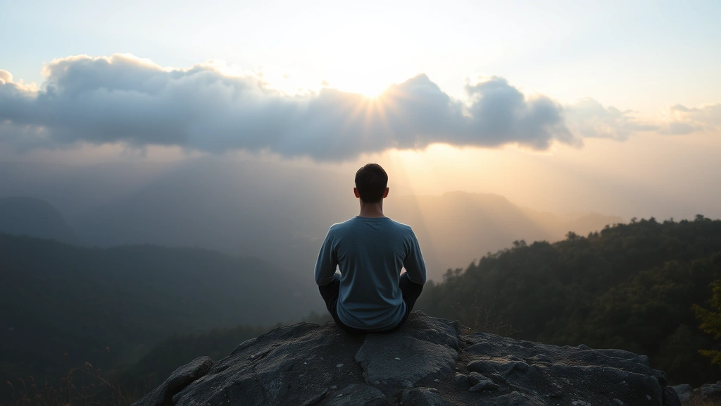 Person sitting peacefully on a mountain overlook at sunrise, hands resting on knees, surrounded by misty landscape and natural light streaming through clouds