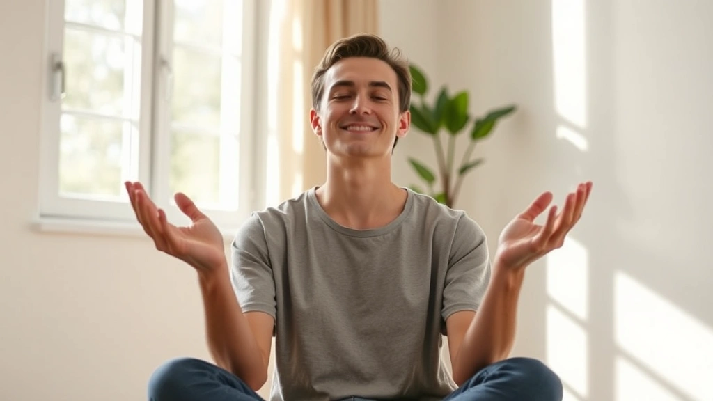 Person sitting peacefully in sunlit room, hands open with palms up, peaceful expression, morning light streaming through window, minimalist interior background