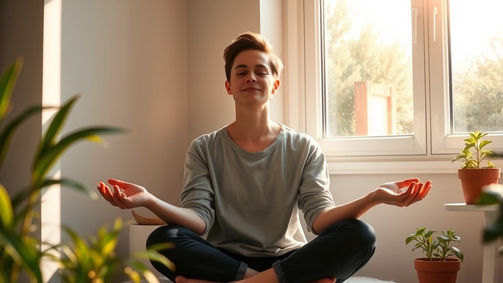 Person sitting peacefully in morning light near a window, hands open in contemplative gesture, surrounded by natural elements like plants and warm sunlight streaming through glass