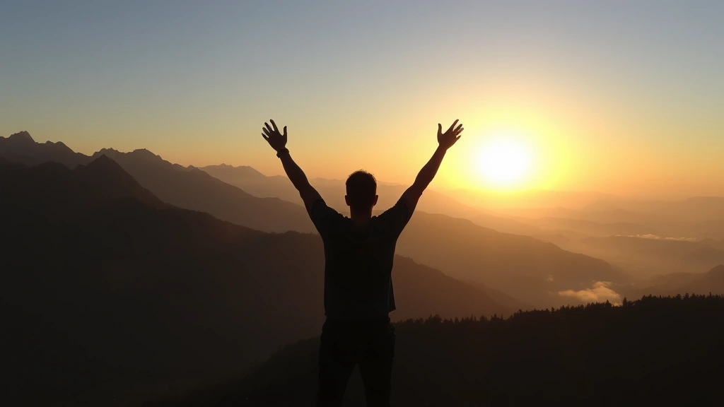 Mountain landscape at dawn with clear sky, silhouette of person standing with arms raised in victory pose, golden sunrise light, misty valleys below