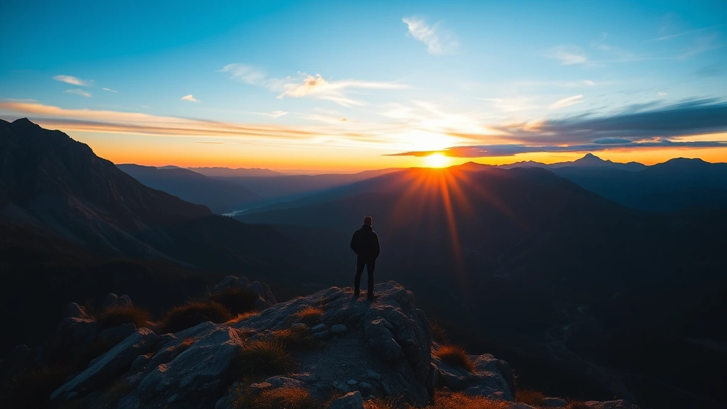 Mountain landscape at sunrise with a lone figure standing at a vista point overlooking vast valleys and peaks, symbolizing perspective and strength
