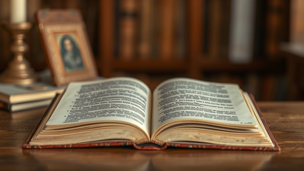 Open ancient book on wooden desk with soft warm lighting, pages glowing gently, peaceful workspace, blurred background suggesting contemplation and study