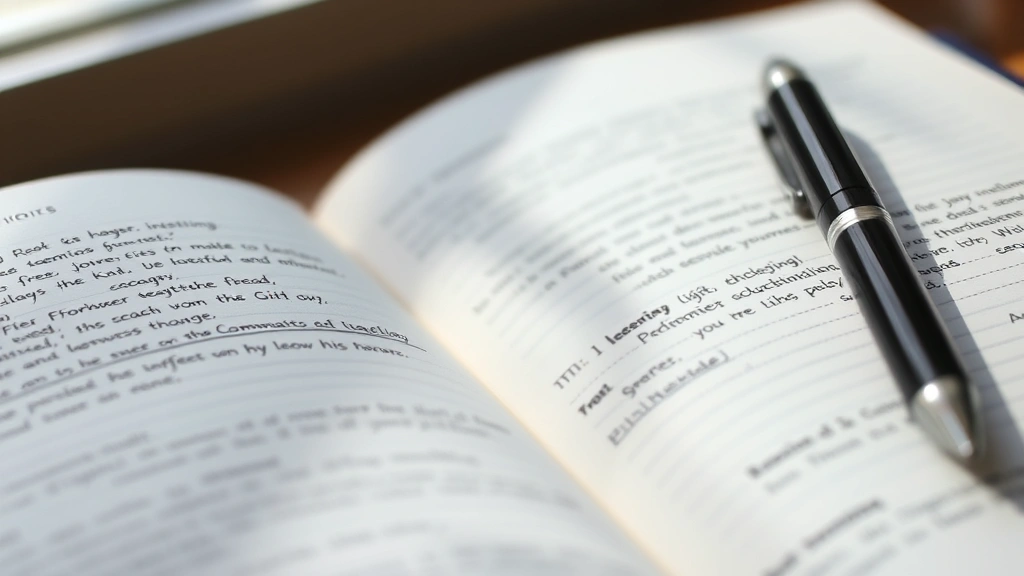Close-up of an open journal with a pen, notebook pages filled with thoughtful writing, soft natural lighting creating peaceful atmosphere of reflection and clarity