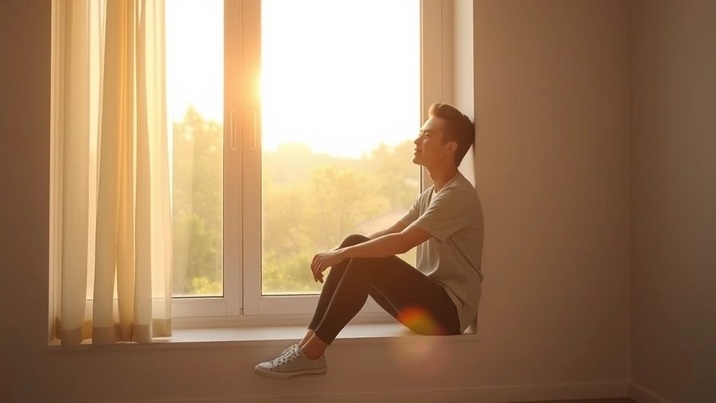 Serene person sitting in morning sunlight by a window, peaceful expression, natural indoor setting, warm golden light streaming through glass, minimalist home interior
