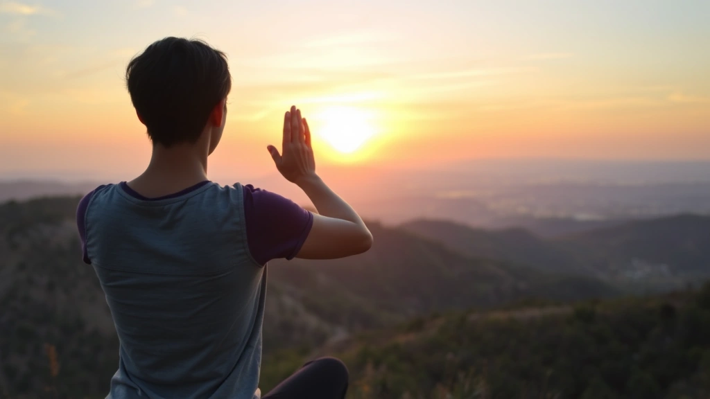 Person in contemplative pose overlooking peaceful landscape at sunrise, hands folded gently, expansive natural vista, tranquil solitary moment in nature