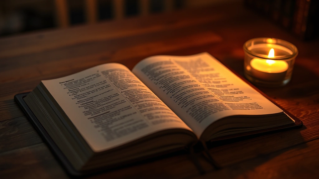 Open Bible on wooden desk with warm candlelight, pages illuminated, peaceful atmosphere, shallow depth of field focusing on text