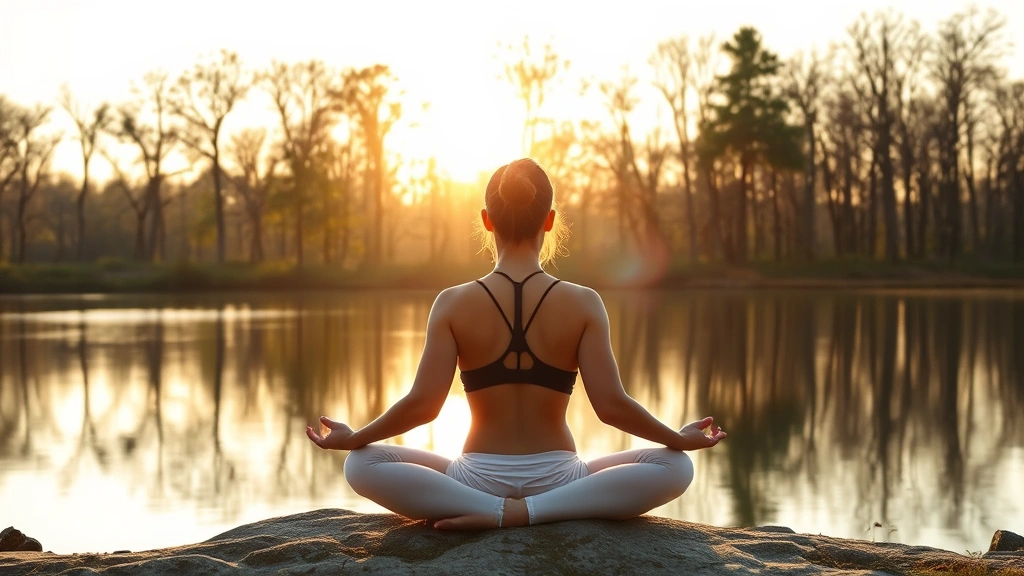 Person in meditation pose in nature, surrounded by trees and calm water, golden hour lighting, embodying peace and spiritual centeredness