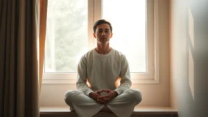Serene person sitting peacefully by a window with soft morning light streaming in, hands gently folded, calm expression conveying inner peace and spiritual tranquility