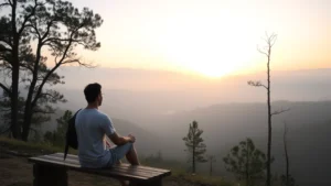 Person sitting peacefully at sunrise on a wooden bench overlooking misty mountains, hands resting on lap, morning light streaming through trees, serene natural landscape, contemplative posture