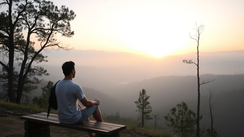 Person sitting peacefully at sunrise on a wooden bench overlooking misty mountains, hands resting on lap, morning light streaming through trees, serene natural landscape, contemplative posture