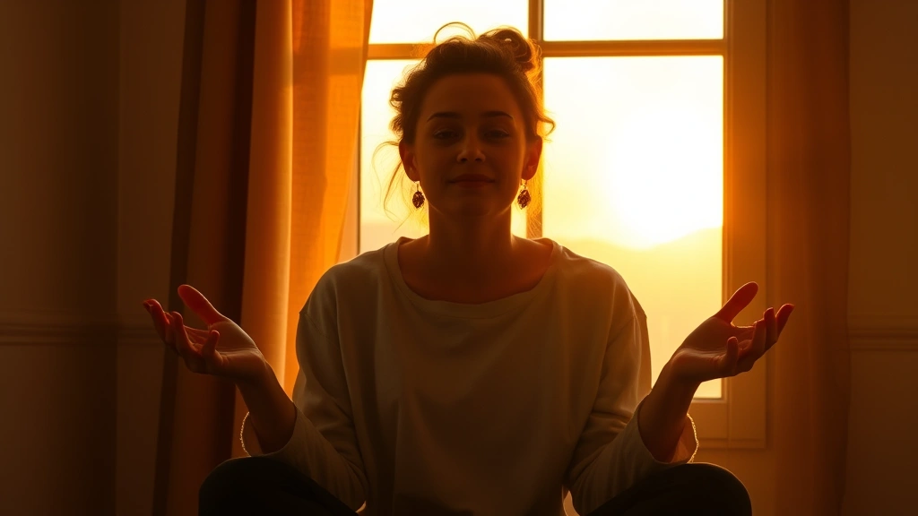 Peaceful person sitting by a window at sunrise, hands open in a gesture of acceptance, soft golden light streaming through, serene expression of determination and faith