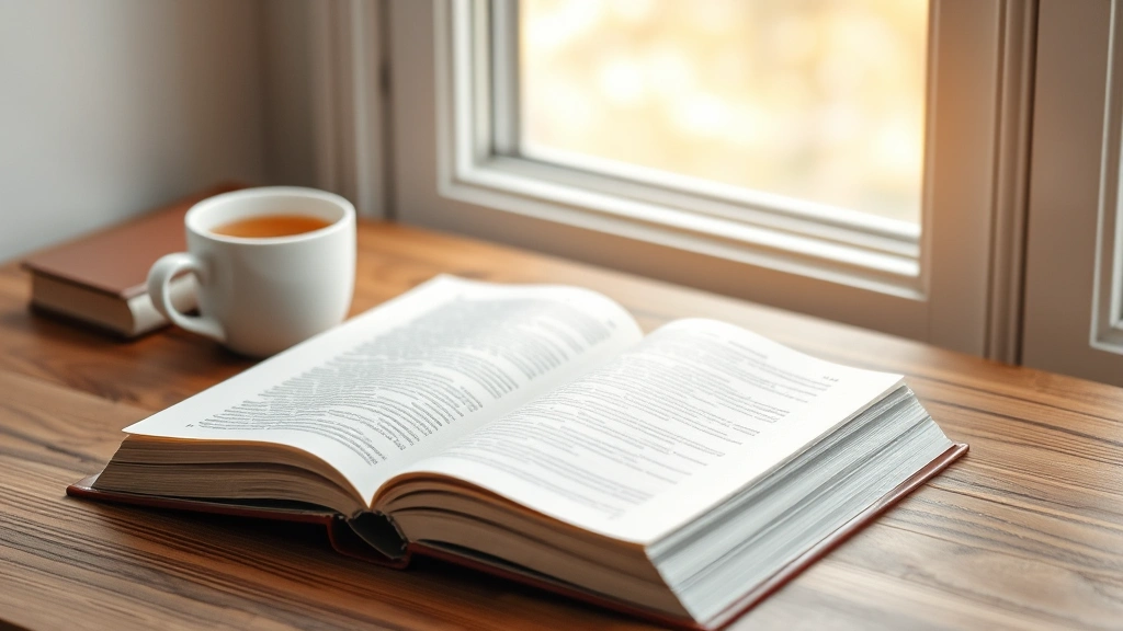 Open book resting on wooden desk beside a warm cup of tea, soft natural window light illuminating pages, peaceful study environment, minimalist composition with neutral tones